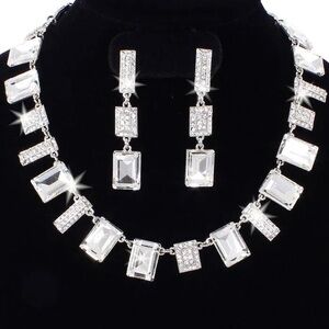 Emerald Step Cut Micro Pave Crystal Tennis statement Necklace Earring Set Silver